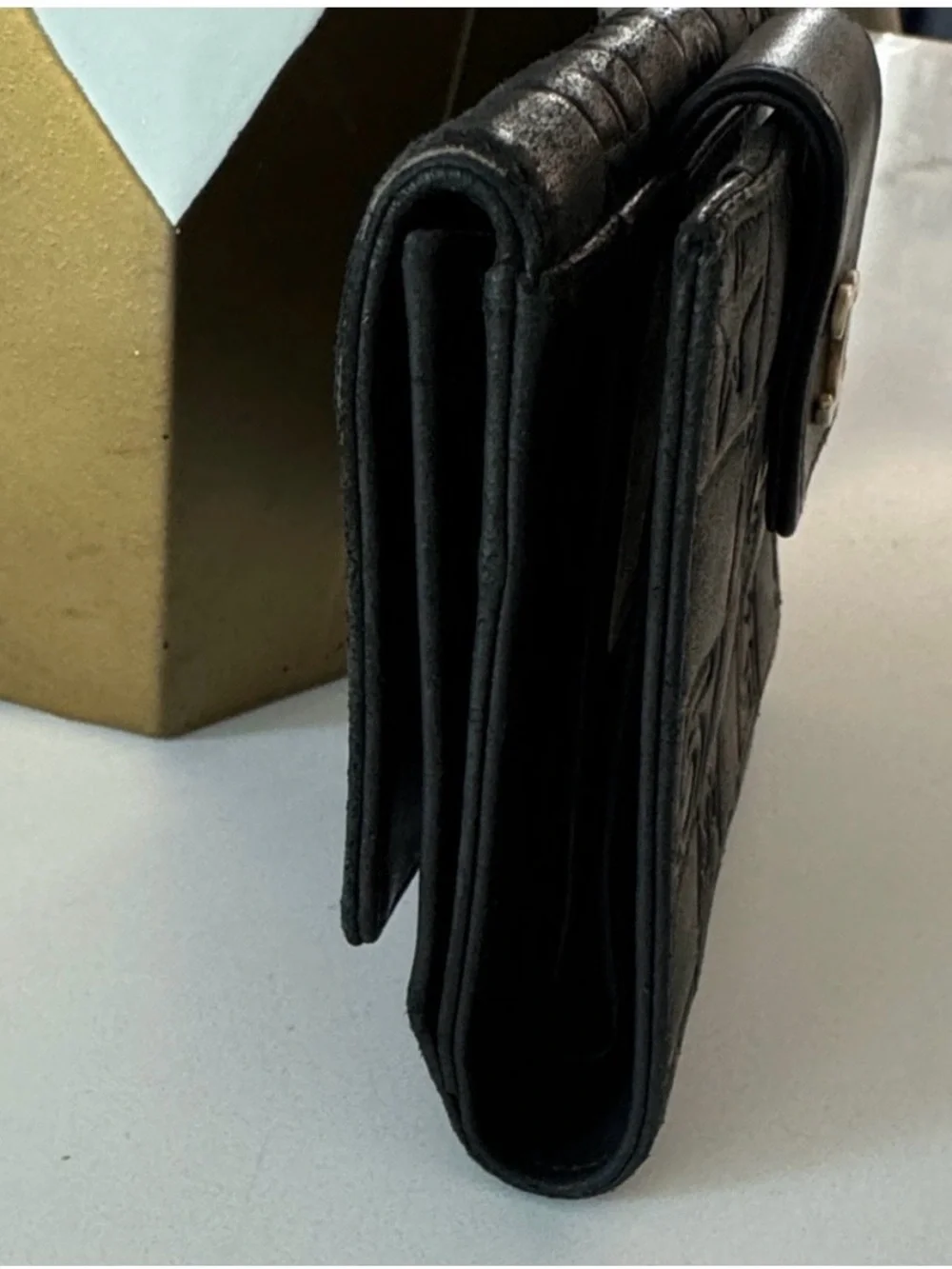 CHANEL Black Quilted Embossed Leather Small Wallet with Gold CC Snap